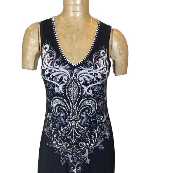 Vocal USA Sleeveless Graphic Beaded Dress Black Sharkbite Hem 262i - Picture 2 of 7